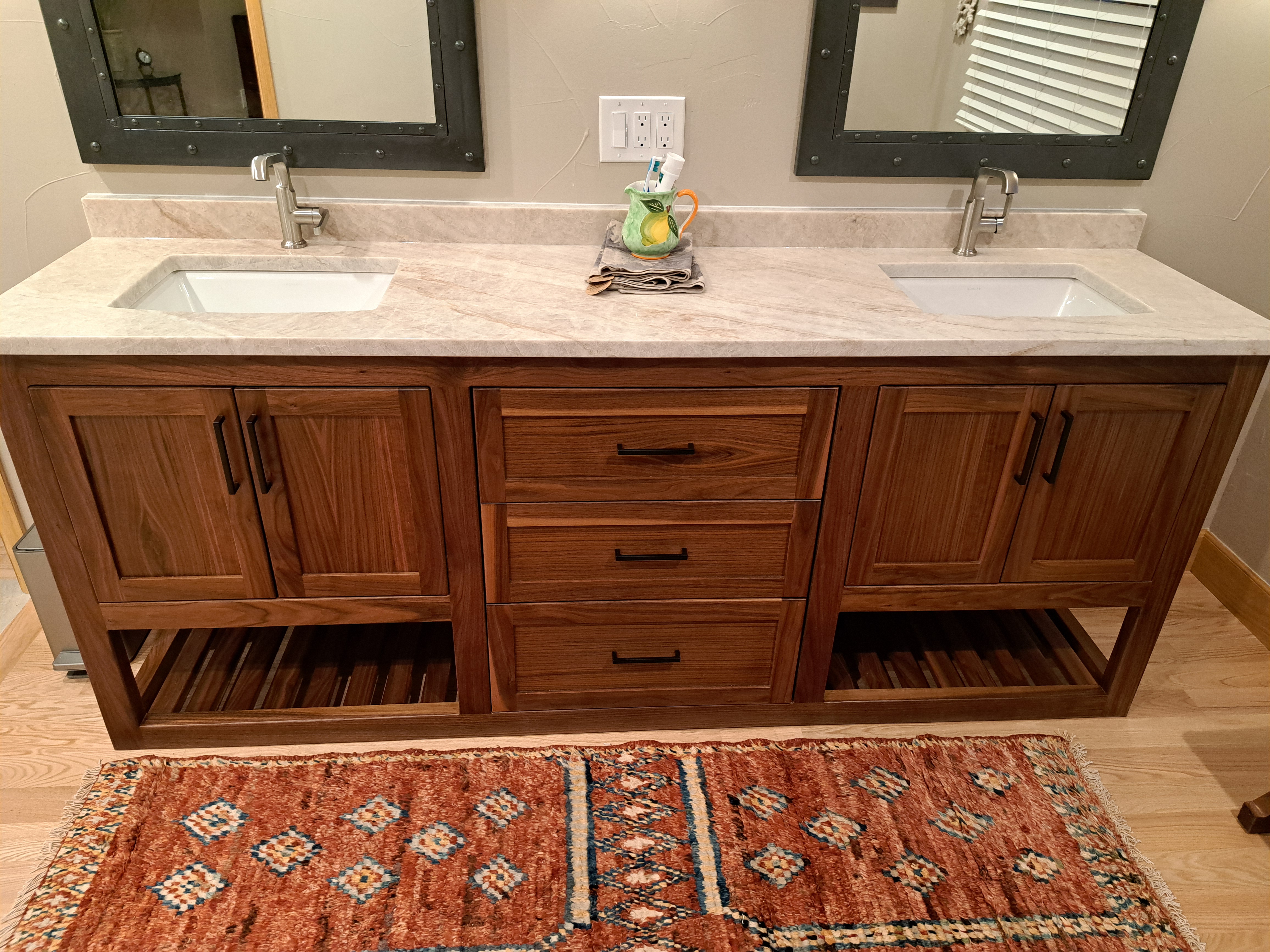 Walnut Double Vanity with Open Base detail