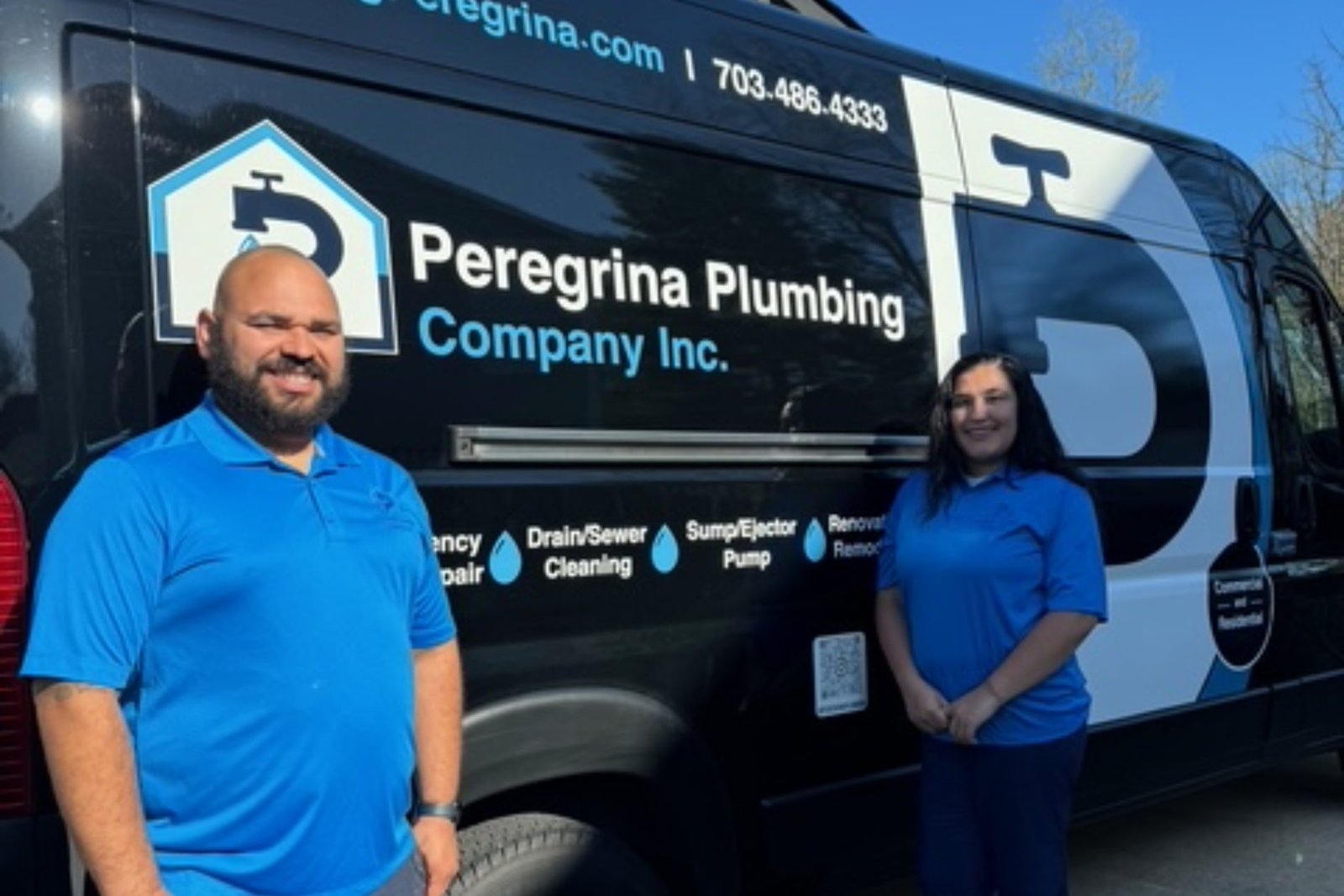 Luis Peregrina and team member with the Peregrina Plumbing Company service van in Alexandria, VA